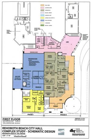 The first floor of the proposed new Rehoboth City Hall. Half of the first floor would contain the city administration, including the mayor, city manager and city secretary’s offices. The other half would contain the 911 and police dispatch center and the processing room and prisoner holding area for the police. Prisoners would enter the building from an enclosed sally port on the west side of the building. COURTESY MIKE WIGLEY