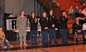 Raven Battalion JROTC officials watching the competition are (l-r) 2012 Sussex Tech graduate and West Point appointee Maddie Crimmins of Millsboro, Raven Cadet Battalion Commander Kaycee Bean of Laurel, Cadets Joe Hartman of Brdgeville and Nick Joseph of Seaford, and Cadet Maj. Tyler Wood of Delmar. Sussex Tech JROTC instructor Maj. Ben Jester is seated at right. SOURCE SUBMITTED
