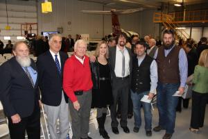 Members of the Freeman and Hudson families were on hand for the dedication. Shown are (l-r) Brooke Freeman, Ted's nephew; Bruce Freeman, also a nephew; Joe Hudson, Ted's close friend and fellow aviator; Faith Freeman Johnson, Ted's daughter; Tyler Herschap, Ted's grandson; and Jamin and Christian Hudson, Joe Hudson's grandsons. BY DENNIS FORNEY