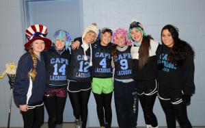 The freshman class would represent crazy hat day with (l-r) Taylor Jefferson, Katie Boyer, Hannah Derrickson, Shea Sugrue, Korrine Lemaire, Kaitlyn Klabe and Aileen Tekmen. BY DAN COOK