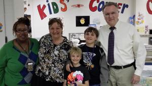 Attending the Strengthening Families Program are (l-r) Children & Families First supervisor Hattie Bull, grandparent Liscinda Forestieri, student Aidan Crossan, student Oran Crossan and Principal Kevin Mumford. SOURCE SUBMITTED