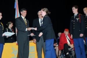 Rep. Steve Smyk, R-Milton, presents Samantha Franklin with the Department of the Army Cadet Award. Joining Smyk is Gen. Joseph Lank (RET) former adjutant of the State of Delaware. Also receiving the award in line behind Franklin are David Collard, left, and Alexander Dominick. BY STEVEN BILLUPS