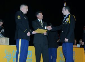 Shown receiving the Military Order of Foreign Wars award is Cadet Jacb Slater. Presenting the award is SSG. Daniel Riley and Rep. Smyk. BY STEVEN BILLUPS