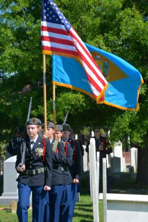 Cape Henlopen High School JROTC color guard members take part in the DAR Memorial Day ceremony at Lewes Presbyterian Church. The cadets are (l-r) Nicole Surface, Alexandra Atsidis,Olivia Barrato and Casea Carrasquillo. BY RON MACARTHUR