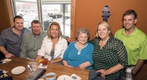 Former owners, the Jones, and current owners, the Moores of Midway Par 3 golf course, join the festivities at the Wing It for Walt fundraiser. They include (l-r) Shaun Jones, founder of golf outing; Mark Moore, owner Midway Par 3; Laura Moore, co-owner; Jane Jones, Walt Jones' wife; Barbara Moore; and Rick Jones. BY DENY HOWETH