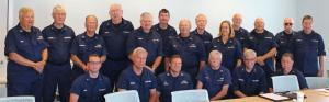 In this group from the Indian River Inlet class on the first seminar day, the participants are in back (l-r) John Umbel, Bob McCleary, Dick Stevenson, Bud Trainor, Dennis Murphy, Doug Deiss, Bob Tigani, Bruce White, Betty Smith, Joe Harris, Dave Ritondo, Denny Nield, and John Ballantyne. In front are BM3 John Nash, Len Gerhart, Don Gerhart, Bob Adams, Alan Boucher and Ron Martz. COURTESY BILL JACKSON