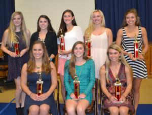 Worcester girls’ athletes who were honored with spring sports awards were in front (l-r) Lydia Pritchard of Snow Hill, tennis most improved; Meg Lingo of Rehoboth Beach, varsity lacrosse most improved; and Kristen Shriver of Salisbury, varsity lacrosse MVP. In back are Regan Shanahan of Ocean Pines, JV lacrosse MVP; Leigh Lingo of Rehoboth Beach, JV lacrosse coach’s award; Tatjana Kondraschow of Dagsboro, tennis MVP; Hannah Esham of Frankford, tennis coach’s award; and Lilly DiNardo of Salisbury, varsity lacrosse coach’s award. Missing from the photo is Ava Schwartz of Eden, most improved, JV lacrosse. SOURCE SUBMITTED