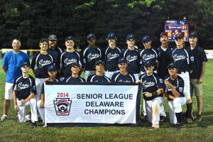 Delaware Senior League state champions are in back (l-r) Cape League President Bill Lux, Ryan Meade, coach Jeff Mulcahy, Will Jarrell, Noah Piper, Adam Webster, Jason Dominick, Anthony Hitchcock, manager Rich Carey, Noah Clifton, and coach Derek Clifton. In front are Kyle Lux, Dwayne Harmon, Richard Carey, Briley Brooks, Will Geppert, Ben Lewis, Drew Mulcahy. BY DAVE FREDERICK