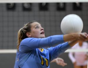 Cape senior outside hitter Sophia Spinelli gets a dig in the win over the Ravens. She had 12 digs in the match.