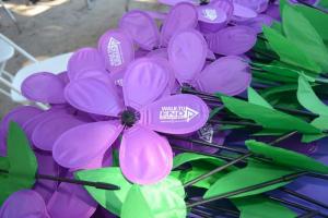 A pile of purple flowers, representing some who lost a loved one to the disease, waits to be flown in the Promise Garden. Alzheimers walk
