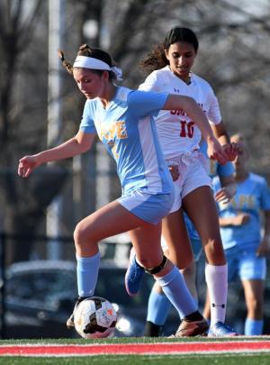 Cape striker Brooke Hollingsworth controls the ball from Smyrna’s Parthenamary Fekry in the Vikings’ loss to the Eagles. DAN COOK PHOTO