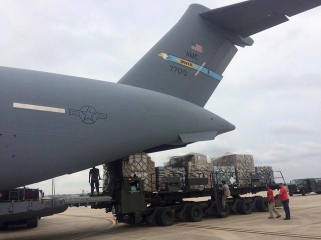 Water for Puerto Rico is loaded at Kelly Field Texas Sept. 29. A Dover C-17 landed in Puerto Rico Sept. 30