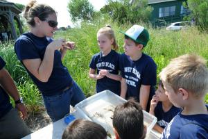 Environtech Director of Operations Brooke Baker demonstrates how clams move to Victoria Parson, left, and Drew Fitzkee. BY DAN COOK