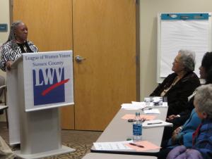 Pastor Idola Batson tells her story to members of the League of Women Voters of Sussex County, including President Charlotte King. BY MOLLY MACMILLAN