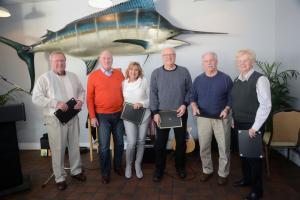 Volunteers celebrating five years of service are (l-r) Bill Ziegler,
Buzz Gildea, Carolyn Gildea, John Cikota, Dick Steward and
De Raynes. Meals on Wheels