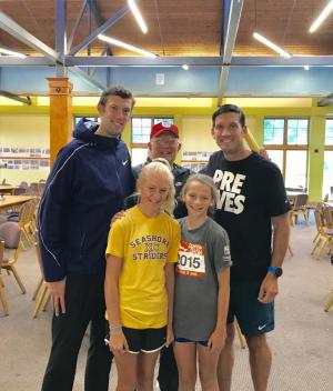 At the Nike Green Mountain Running Camp in New Hampshire are (l-r) Andrew Wheating, former Oregon NCAA champion and two-time Olympian; Seashore Strider Devin Hundley; coach Roy Benson, camp founder and former University of Florida cross country and track & field coach; Seashore Strider Lainey Shockro; and Seashore Striders coach Derek Shockro. SUBMITTED PHOTO
