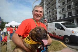 Neil is one of the nine dogs brought from the Georgetwon Campus looking for a home. Volunteer Mike Salagaj took Neil around introducing him to potential owners. Bark on the Boards