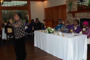 The Rev. Cynthia Daniels sings for the gathered crowd. At the head table are (l-r) Mother of the Church Mary Turner, the Rev. George Edwards, First Lady Ardeth Edwards, and Mother of the Church Lucinda White. 30th Pastoral Anniversary
