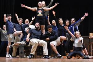 Sussex Academy students pose at the end of a musical number in rehearsals for “Fiddler on the Roof.” Shown are (l-r) eighth-grader Makayla Dayton, junior Connor Hall, senior Jamie Riddle, sophomore Chris Redefer, freshman Wade Stout, senior Tony Harrison, sophomore Natalie Holland-Seda, senior Alyona Stakhanova, junior Gabe Gonzalez, freshmen Tess DeBastiani, senior Nikola Melnsvarka, senior Yan Qi Wu, junior Ariana Cabrera, and freshmen Emma Kuska.
