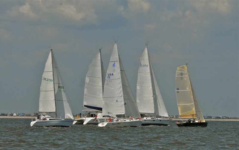 Boats line up near Lewes Yacht Club for the start of last year's Cape-to-Cape Challenge. BY RON MACARTHUR