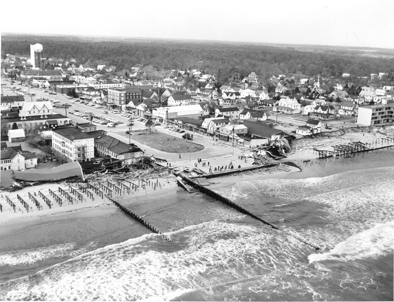 All that remains of The Boardwalk in Rehoboth Beach is the pilings. A small southern section remained intact. Remarkably, most of the famed Boardwalk was rebuilt in time for the 1962 summer season. SOURCE DELAWARE DEPARTMENT OF TRANSPORTATION