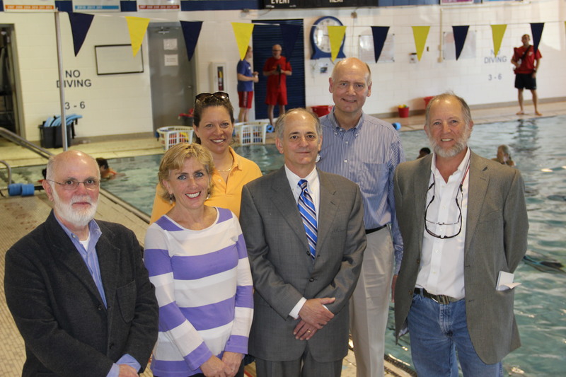 Some of those involved in sponsoring and organizing Sussex Family YMCA’s 2012 Water Safety Week, shown at the YMCA pool, include (l-r) Tom Shreeve of Sussex Emergency Associates; Joanne Merlo, chairwoman of the Sussex Family YMCA board of directors; Safety Week Program Director Lauri Weeks; Beebe Medical Center President Jeff Fried; Sussex Family YMCA Executive Director Terry Rasberry; and Dennis Forney of the Cape Gazette. BY DANIEL MELOY
