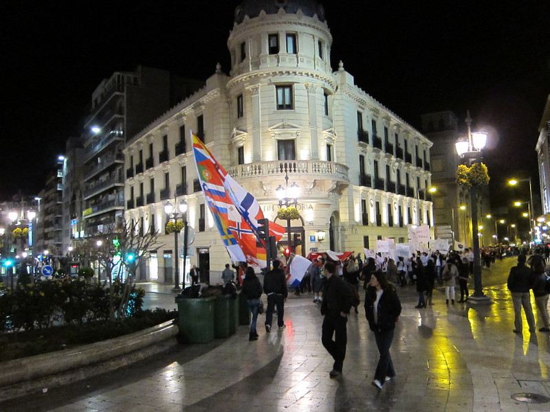 Wandering back to our hotel one night late in Granada, we came across an impromptu parade. It may have been related to an upcoming soccer match in the city or an early celebration of the Semana Santa holy week. Whatever, it highlighted the clean and polished streets of the city and the colorful nights. BY DENNIS FORNEY