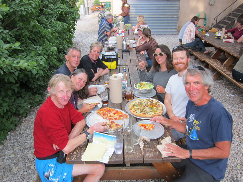 At the end of a long day of cycling, pizza, beer, burgers and lots of animated conversation are in order. Here, in the courtyard of the Lander Bar (very hip), are (clockwise from 7) Roofy from England, Cissy from Carolina, Phil from Australia, Becky from Delaware, Jana and Tom from England,and Cissy's Rich. They partied hearty and were in bed by 9:30, back on the road by 7 a.m. BY DENNIS FORNEY