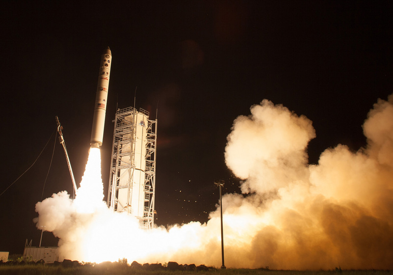 At 11:27 on the dot, the Minotaur V burst off the launch pad to the boisterous cheers of everyone at our viewing area, of watchers in Chincoteague, and probably of people watching all over the world on television and online. NASA's Flickr site has many photographs of the vehicle's fiery trail, as photographed from various locations. It was reportedly seen as far north as Toronto, Canada. BY NASA/CARLA CIOFFI