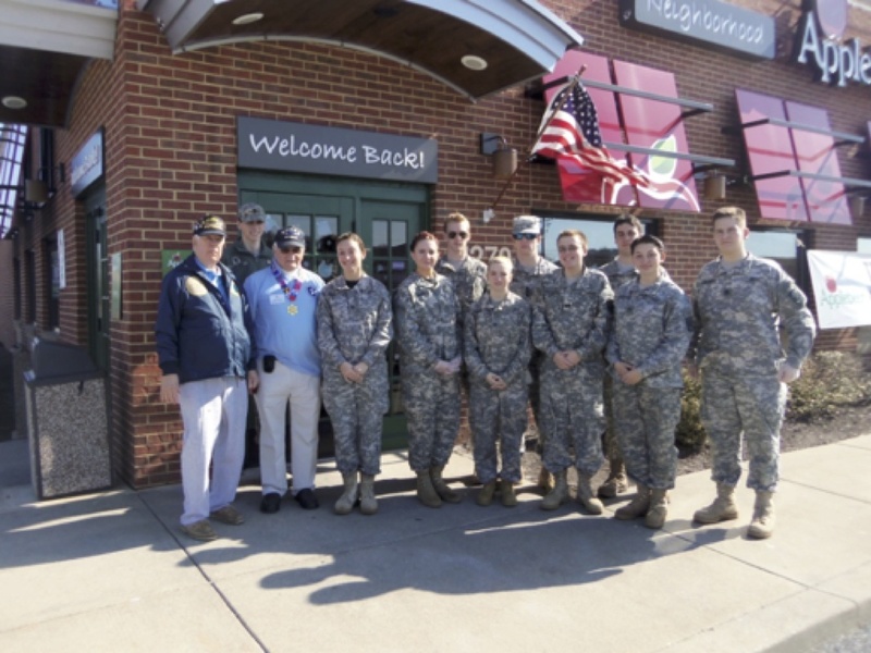 Gathered at Applebee's for the Korean War Veterans Association annual community breakfast are in back (l-r) c/2LT Alex Domick, c/MAJ John Dean, c/CPT Austin Kitchen and c/SGT Josh Betts. In front are Korean War Veterans Association members John Weiden and Walter Coop, c/SSG Lexi Atsidis, c/PFC Nicole Surface, c/SGT Kate Schnieder, c/LTC Cody Ross, c/PFC Casea Carrasquillo and c/SSG Zach Harris. SOURCE SUBMITTED