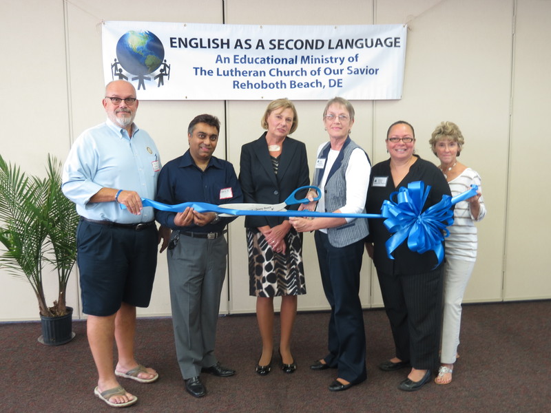 At the ribbon cutting for the English as a Second Language program at Lutheran Church of Our Savior are (l-r) Steve Grossman, Rehoboth Rotary Club; Harry Keswani, Harry K Foundation; Christine Cannon, Arsht-Cannon Fund, LaNell Schultheis, program director, ESL program; Arlene Torres, media/public relations, ESL program; and Carol Everhart, RBDBCC president/CEO. SOURCE SUBMITTED