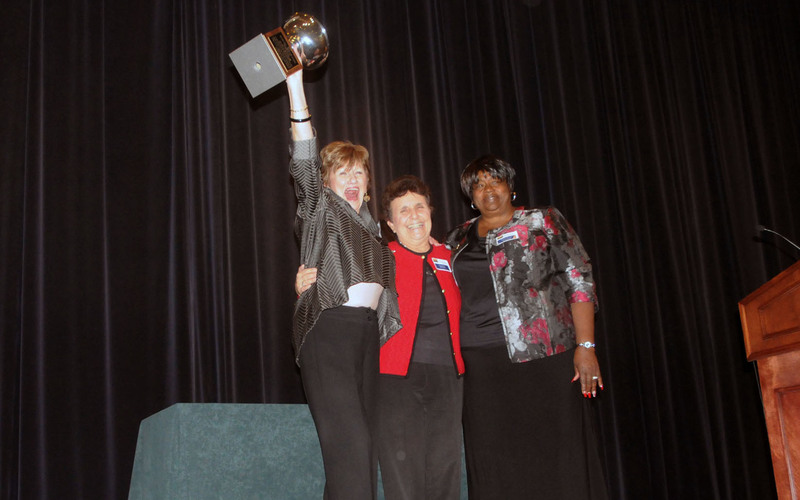 The 2014 Stanford L. Bratton Award for Community Service was awarded to Patricia Batchelor. In honor of the agency's first executive director, the Stanford L. Bratton Award is a prestigious honor presented to a community leader or volunteer who embodies the spirit of "service beyond self." Batchelor is a woman of service who has demonstrated leadership, integrity and a commitment to helping others. Her volunteer services with First State have enabled the agency to have a tremendous impact on individuals, families and communities First State serves. Shown on the stage are (l-r) Batchelor, Board of Directors President Peggy Strine and Executive Director Bernice Edwards. BY STEVEN BILLUPS