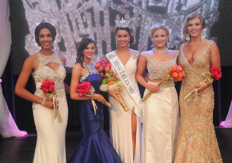 Miss Delaware and the runners up gathered after the pageant for photos. Shown are (l-r) 5th runner-up Katelynn Mayers, Miss Brandywine; 3rd runner-up Jenny Ferris, Miss Hockessin; Miss Delaware Brooke Mitchell, Miss Milford from Selbyville; 2nd runner-up Mikaila Ryan, Miss Capital; and 4th runner-up Amanda Debus, Miss Diamond State. BY STEVEN BILLUPS