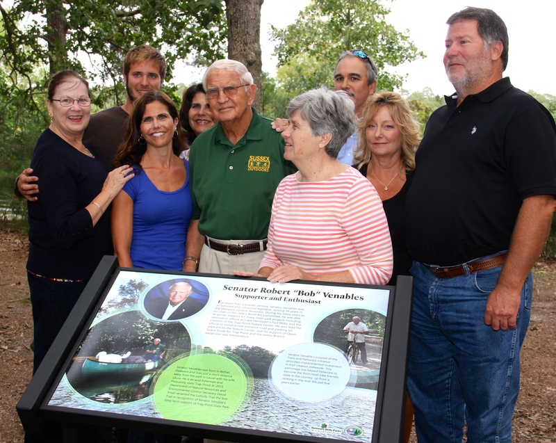 On hand for dedication of The Bob were close friends and family including (l-r) Bonnie Wood, Bob's legislative aide for many years in Dover; Bob's grandson Gray Venables; daughters Jeanne V. Wood and Beth V. Messick; Bob Venables; Bob's wife, Laura; son-in-law Pat Wood; daughter-in-law Sarah Venables; and Bob's son, Lee. BY DENNIS FORNEY