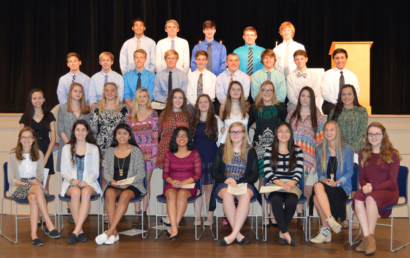 Sussex Academy inducted 23 students into the National Honor Society. Shown are in back (l-r) Mason Hayes, Rehoboth Beach; Colden Fees, Seaford; Nathanael Riddle, Millsboro; Cohen Davis, Seaford; and Jack Here, Rehoboth Beach. In the third row are Yiorgas Rigakos, Ocean View; Parker Shawver, Bethany Beach; Cooper Shawver, Bethany Beach; Benjamin Davis, Bethany Beach; James Riddle, Millsboro; Jared Browne, Ocean View; Nicholas Barrish, Milton; Padraig Loftus, Bethany Beach; and Julio Tijerina, Georgetown. In the second row are Kellie Heinlein, Lewes; Claire Sullivan, Lewes; Tessa Elling, Ocean View; Claudia Carey, Seaford; Rachael Weidman, Dagsboro; Janie Elder, Lewes; Kierstin Blaztheim, Millsboro; Bailey Hesson, Lewes; Chloe Anderson, Millsboro; and Mia Kwan, Lewes. In front are Mia Moshier, Lewes; Sarah Hawtof, Harbeson; Lindsey Perez Perez, Georgetown; Edalis Gonzalez Soto, Lewes; McKinsey Zepp, Milton; Antonia DeBastiani, Lewes; Sara Bixler, Milton; and Julia Martiner, Lewes. SOURCE SUBMITTED