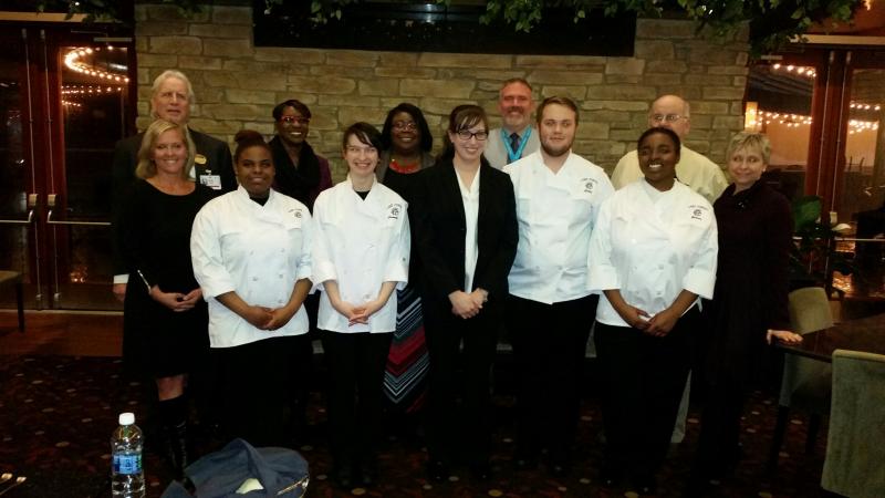 The ProStart program has brought together food and beverage employees at Harrington Raceway and Casino with interested youth in the Lake Forest School District. Shown are in back (l-r) Harrington Raceway and Casino COO of Hospitality Hank Rosenberg, Lake Forest High School Principal Theodora White, Lake Forest School District Superintendent Brenda Wynder, Lake Forest School District Director of Human Resources Travis Moorman and Rep. Bobby Outten, R-Harrington. In front are Delaware Restaurant Association CEO Carrie Leishman, Lake Forest High School students Janaie Thomas and Cassandra Broadhurst, Lake Forest High School Family and Consumer Sciences teacher Kelly Haugh, Lake Forest High School students Collin Tunnell and Zietara Fields, and Central Delaware Chamber of Commerce President Judy Diogo. SOURCE SUBMITTED