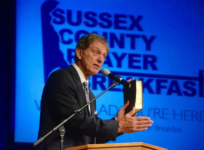 Bill Alexson, founder and president of SportsPower International, speaks to a large crowd at the annual Sussex County Prayer Breakfast at Crossroad Community Church. Alexson travels the world with former and current professional basketball players encouraging youth to make right choices. RON MACARTHUR PHOTO