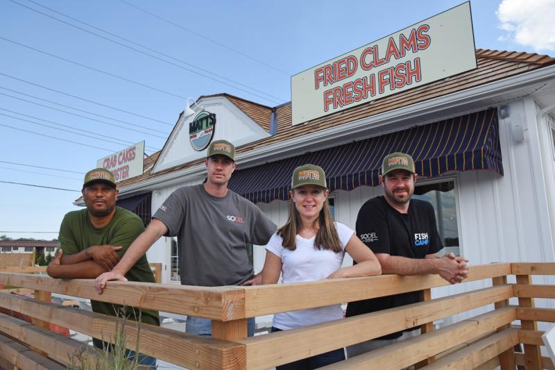 Matt's Fish Camp Lewes is set to open Sunday, June 12 in Tenley Court on Coastal Highway just south of the Wawa. Matt's will be open seven days a week for lunch and dinner. Shown are (l-r) Maurice Catlett, executive chef; Matt Patton, director of operations; Nelia Dolan, marketing director; and Mike Zygmonski, wine director. NICK ROTH PHOTO