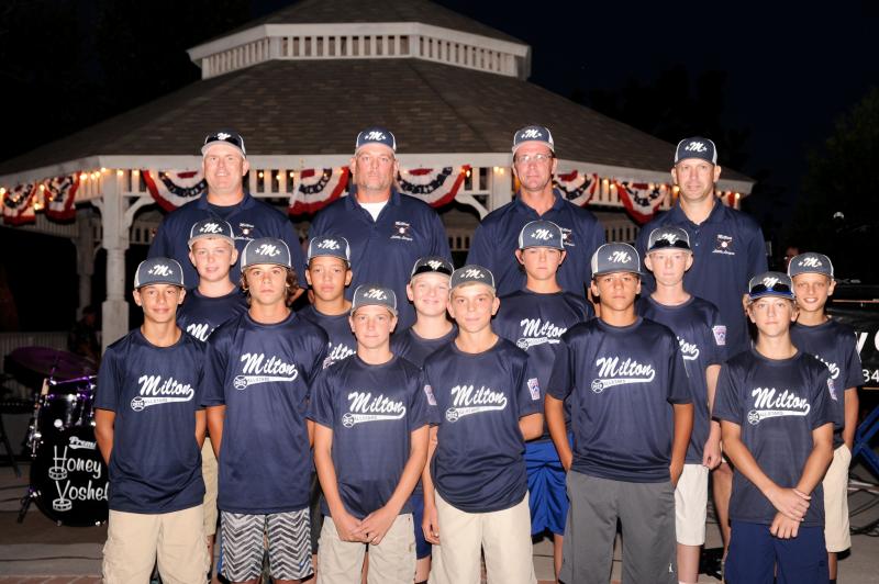 Milton’s 11-12 baseball all-stars are snapping at the Mid-Atlantic Regionals. The 11-12 team includes coaches in back (l-r) Dan Sponaugle, Rusty Rauch, Michael C. Rhue and Zac Crouch. In the middle are Carter Breasure, Malikeye Wells, Luke Crouch, Andrew Criswell, Paris Mitchell and Timothy Hitchcock. In front are Hunter Rauch, Nick Cox, Austin Rhue, Brian Sponaugle, Chase Boyle and Tyler Husbands. DAVE FREDERICK PHOTO