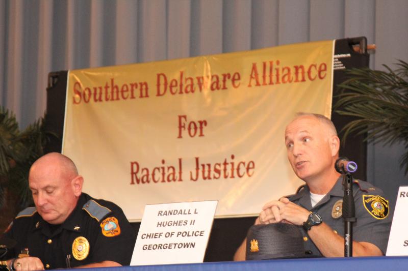 Georgetown Police Chief Randall L. Hughes II, right, speaks during a Southern Delaware Alliance for Racial Justice forum that included police chiefs from Lewes, Rehoboth Beach, Milton and Delaware State Police commanders from troops 7 and 4. Milton Police Chief Robert Longo is on the left. MELISSA STEELE PHOTO