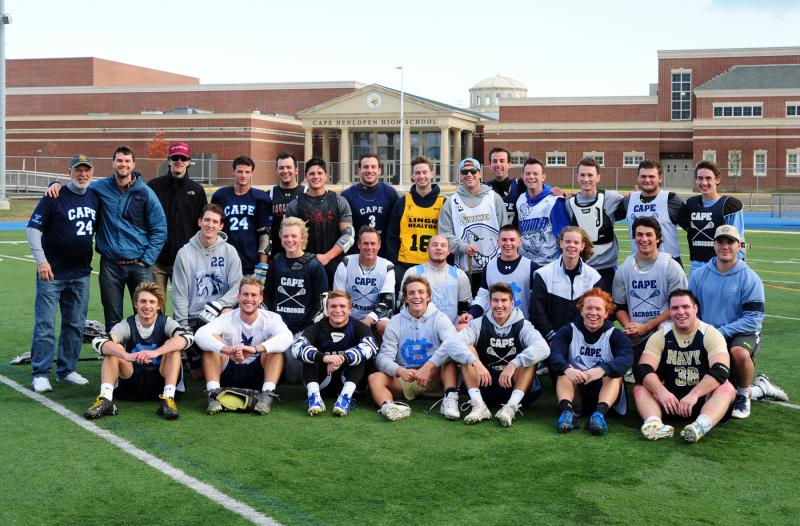 Nearly 30 former and present Cape lacrosse players competed in the Turkey Bowl Saturday, Nov. 26, to remember two of their fallen teammates. Shown in back are (l-r) co-organizer Dan Cook, Ian Stewart, Drew Stewart, Justin Brozey, co-organizer James Cook, Erik-Stephane Stancofski, Brian Riggin, Andrew Scrutchfield, Dan Steele, Bryan Mack, Matt Kane, Brendan Kane, Liam Zolper and Luke D’Ambrogi. In front are William Clampitt, Evan Gehman, Rob Orton, Blake Mann, Kyle Orton, Devin Bennett, Brock Maloomian and Garrett Becker and (sitting l-r) Robbie Neall, Grant Gillan, Sean Sheehan, Holden Kammerer, Hank Coveleski, Nick Conrad and Thomas Ott. PHOTO COURTESY OF TOM KANE