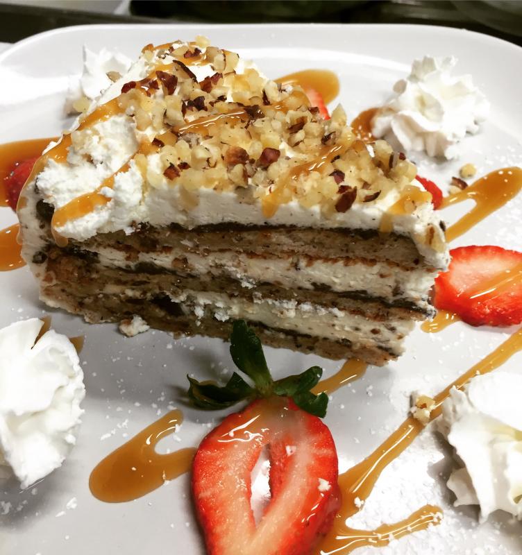 We have Homemade Tres Leches Cake and Chocolate Hazelnut Dacquoise