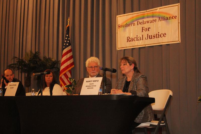 Correction officials answer questions on Delaware’s prison system during a Jan. 10 event. Pictured are (l-r) Christopher Klein, bureau chief Department of Corrections, Lisa Furber, paralegal for Community Legal Aid Society, and Drew McKay, moderator for the Southern Delaware Alliance for Racial Justice, and Nancy Dietz, director of Juvenile Rehabilitative Services. MELISSA STEELE PHOTO
