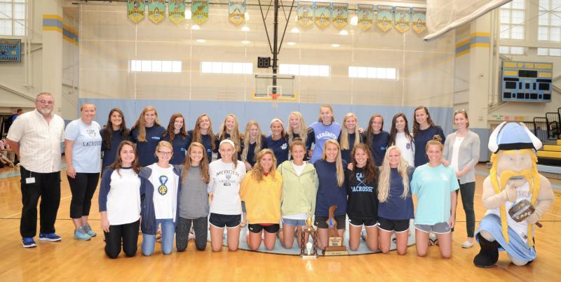 The 2017 Cape state championship girls’ lacrosse team. In back are (l-r) Bruce Leibu, Lindsey Eichner, Anna Stancofski, Talbot Buck, Vienna Iacona, Carly Truitt, Mallory Jones, Lindsay Monigle, Annie Judge, Victoria Lockwood, Mary Grace Cannon, Jody Boyer, Kaylie Truitt, Chloe Schaeffer, Jackie Cannon and Jenna Burkhart. In front are Katie Frederick, Meredith Lockwood, Alia Marshall, Cailey Thornburg, Korinne LeMaire, Izzy Cryne, Sarah Rambo, Katie Klabe, Eddy Shoop, Sarah Hyde and The Viking. DAVE FREDERICK PHOTO