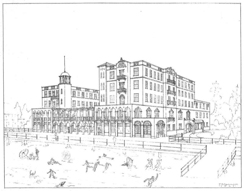 In April 1927, members of the Henlopen Construction Company offered Irenee duPont an interest in the new Henlopen Hotel they planned to construct on the beachfront in Rehoboth, just east of Lake Gerar and the surrounding lots he was developing. This is an artist’s rendering of the hotel the company proposed to build. DuPont responded that he wasn’t interested in the hotel.