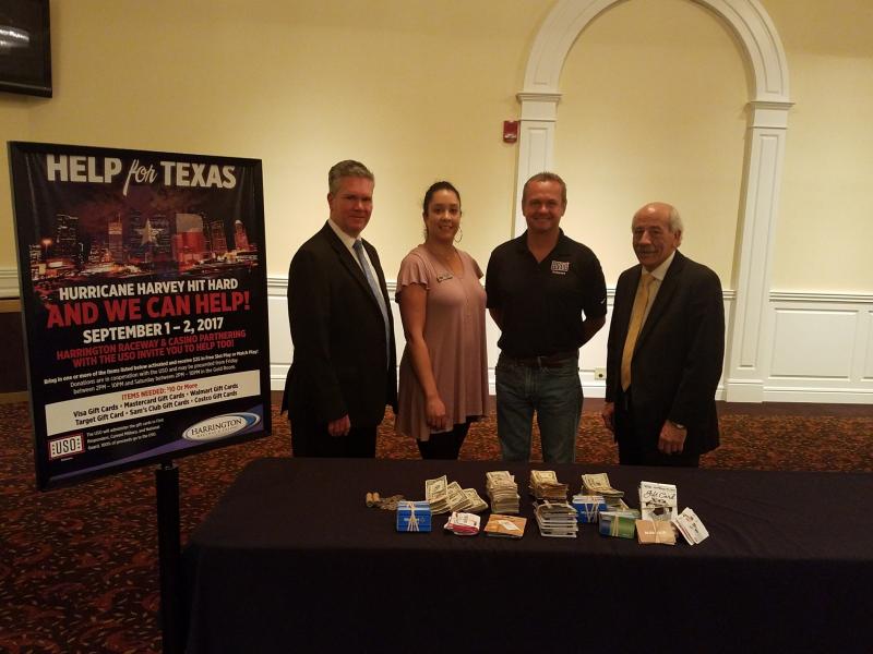 Shown are (l-r) Harrington Raceway Director of Entertainment Glenn Subers, USO Delaware Center Operations and Program Manager Yolanda Bottorf, USO Delaware Center Director Bruce Kmiec, and Harrington Raceway and Casino General Manager Len Tranchitella with donated cash and gift cards from the Hurricane Harvey donation drive held at Harrington Raceway and Casino Sept. 1-2. SUBMITTED PHOTO