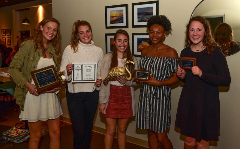 Award winners from the 2017 volleyball squad are (l-r) Logan Shuttleworth, team MVP, first-team all-conference and second-team all-state; Sophia Spinelli, first-team all-conference; Abbey Derrickson, Golden Flamingo Award; Mikiyah Ennals, varsity sportsmanship award; and Taylor Iacono, junior varsity sportsmanship award. DAN COOK PHOTOS