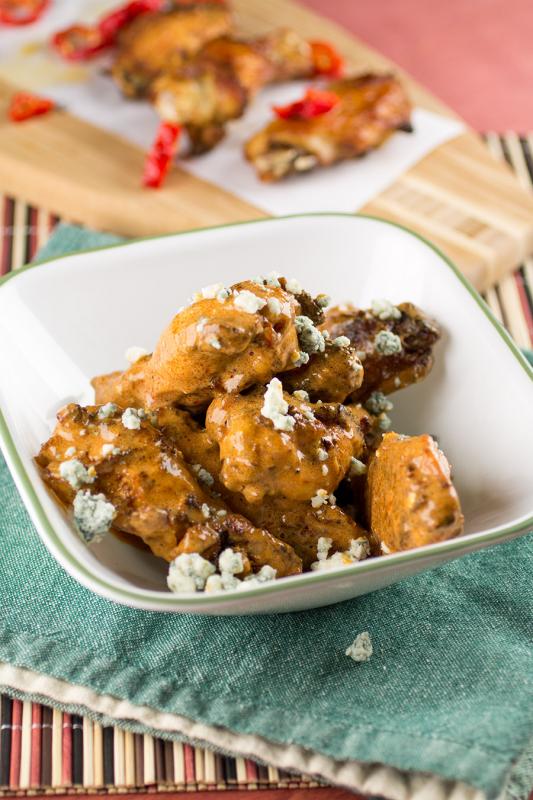 Crispy Baked Carolina Reaper Chicken Wings with BuffaloBlue Cheese Sauce made with Hellfire