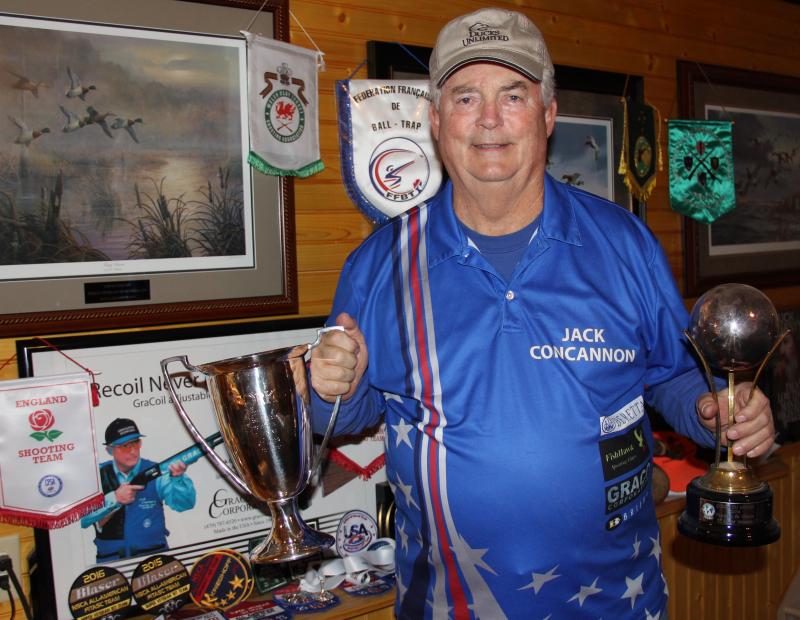 Jack Concannon has won countless sporting clay championships over the past 20 years, on both sides of the Atlantic Ocean, and he has the trophies, paintings, medals and banners to prove it. Here, he wears one of the shooting shirts provided to members of the All American competition team for the National Sporting Clays Association. He has been a member of that team for the past 16 years. DENNIS FORNEY PHOTOS