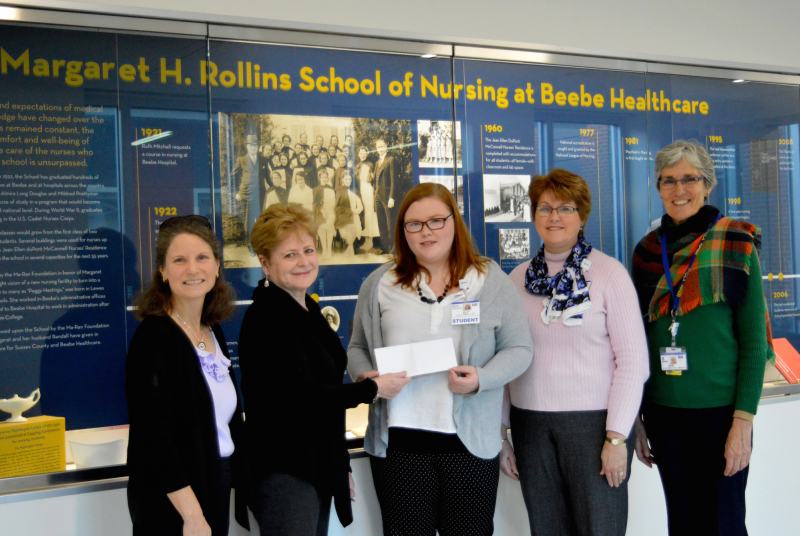 Celebrating the scholarship presentation are (l-r) Cindy Winkler, Zwaanendael Women's Club president; Sue Olkowski, club vice president; Kelly Staples, scholarship recipient; Tracy Bell, Margaret H. Rollins School of Nursing program coordinator; and Diane Barlow, Beebe Medical Foundation. SUBMITTED PHOTO